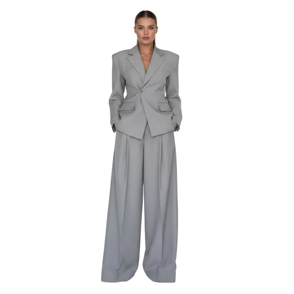 Women’s Tailored Blazer and Wide Leg Trouser Suit Set for Office Wear